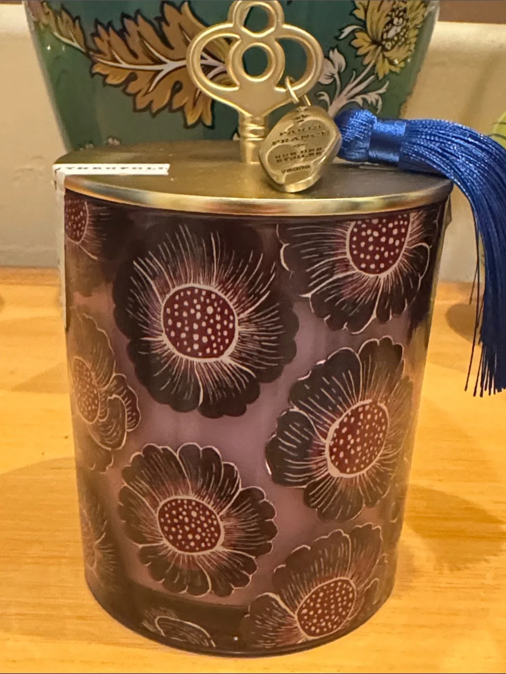 Anthropologie Vanilla & Black Plum Glass Candle with Gold Lid and Blue Tassel
